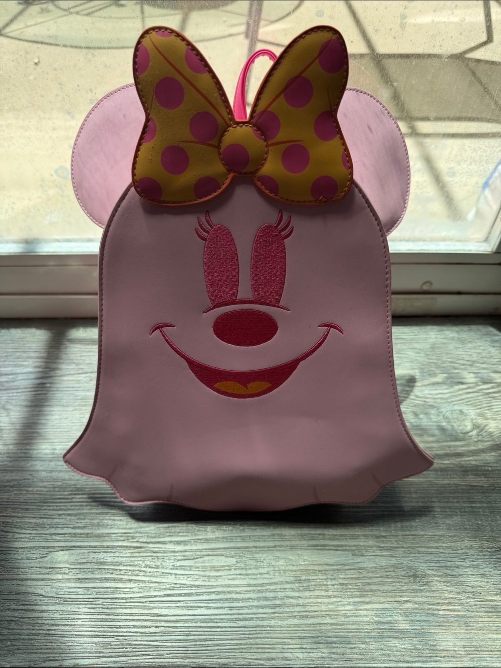 Loungefly Pink Minnie Ghost Backpack with Yellow Polka Dot Bow